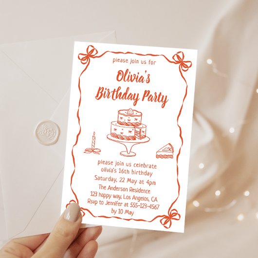 Elegant Hand-Drawn Cake & Ribbon Birthday Party Einladung