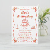 Elegant Hand-Drawn Cake & Ribbon Birthday Party Einladung (Stehend Vorderseite)