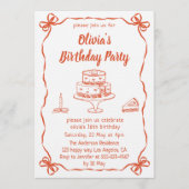 Elegant Hand-Drawn Cake & Ribbon Birthday Party Einladung (Vorderseite)