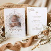 Elegant Hand-Drawn Cross Floral Baptism Photo Einladung