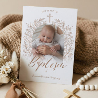 Elegant Hand-Drawn Cross Floral Baptism Photo Einladung