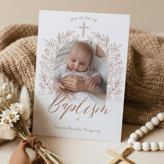 Elegant Hand-Drawn Cross Floral Baptism Photo Einladung