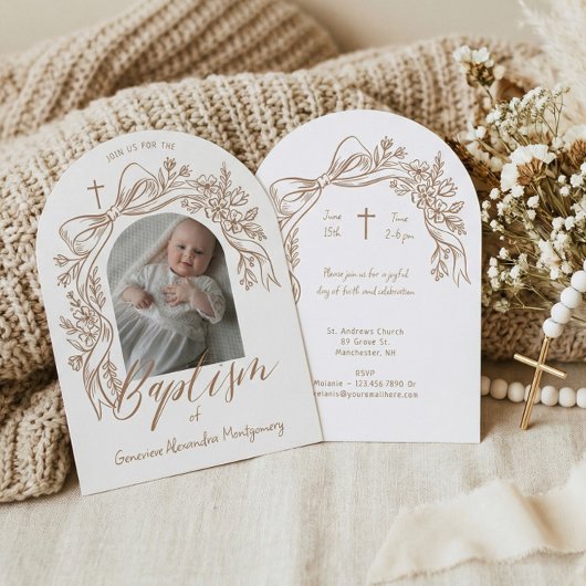 Elegant Hand-Drawn Floral Bow Arch Baptism Photo Einladung