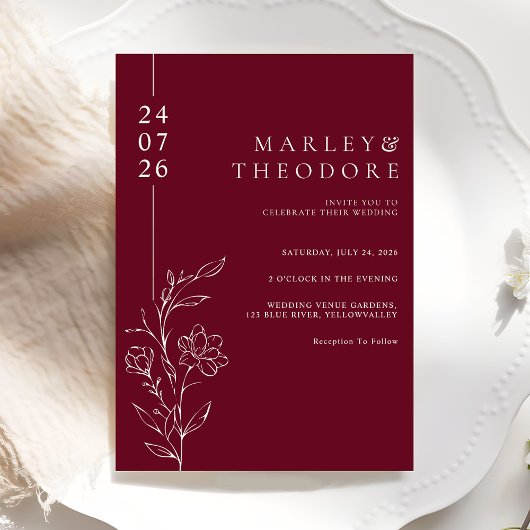 Elegant Hand Drawn Floral Burgundy Wedding Einladung