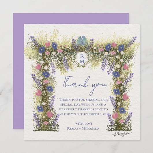 Elegant Hand-Drawn Floral Wedding Thank You Card Dankeskarte (Vorne/Hinten)