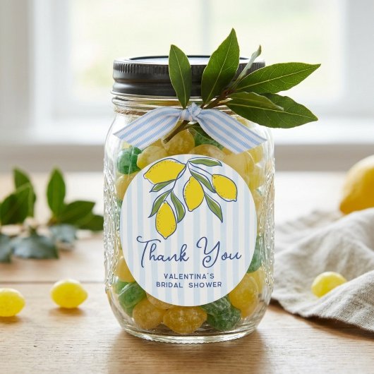Elegant Hand Drawn Lemons Blue Stripes Thank You Runder Aufkleber