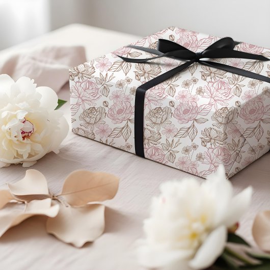 Elegant Hand-Drawn Peony & Leaf Floral Pattern Geschenkpapier