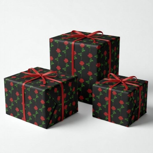 Elegant Hand-Drawn Rose Wrapping Paper on Black  Geschenkpapier