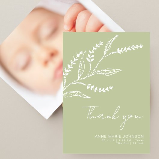 Elegant Hand-drawn Sage Green Baby Shower Dankeskarte
