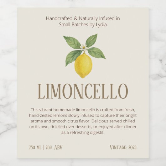 Elegant Handcrafted Limoncello Weinetikett (Einzelnes Label)
