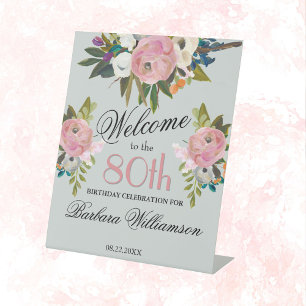 Elegant handgemalt Floral 80. Geburtstag Willkomme Sockelschild