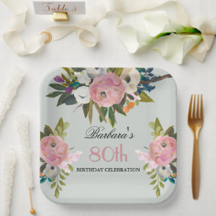 Elegant handgemalt Floral 80. Geburtstagsparty Pappteller