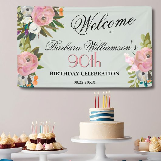 Elegant handgemalt Floral 90. Geburtstag Willkomme Banner