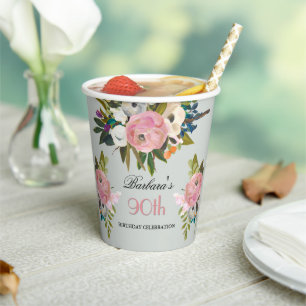 Elegant handgemalt Floral 90. Geburtstagsparty Pappbecher