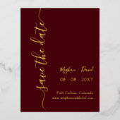 Elegant handgeschriebenes Burgundy Save the Date Folie Einladungspostkarte (Vorderseite)
