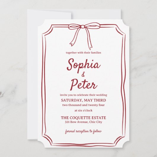 Elegant handGezeichnet Bow Chic Crimson Red Weddin Einladung (Vorderseite)