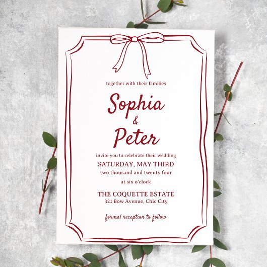 Elegant handGezeichnet Bow Chic Crimson Red Weddin Einladung