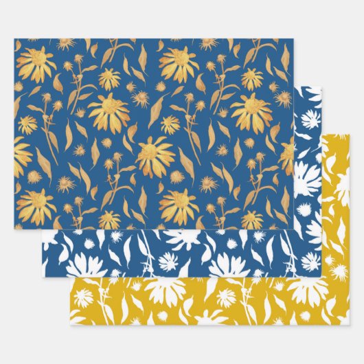 Elegant handgezeichnet Coneflowers blau gelb Geschenkpapier Set (Set)