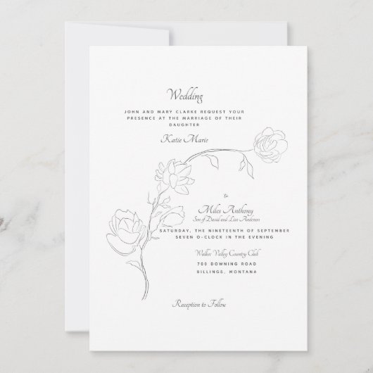 Elegant handGezeichnet Jasmine B/W Beide Eltern Einladung (Vorderseite)