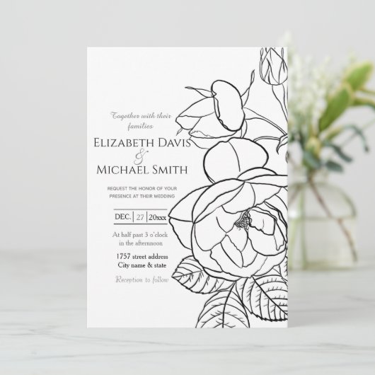 Elegant handgezeichnet Rose Blumenmuster Schwarz-w Einladung (Stehend Vorderseite)