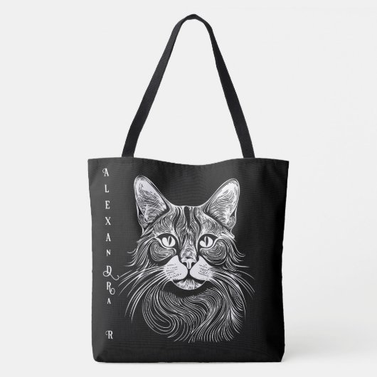 Elegant handgezeichnet Schwarzweißkatze personalis Tasche (Rückseite)