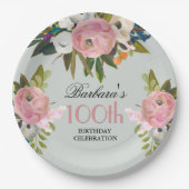 Elegant Handpainted Floral 100th Birthday Party  Pappteller (Vorderseite)