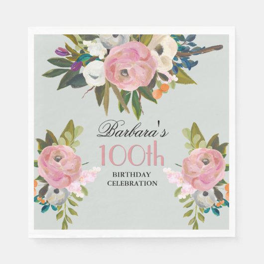 Elegant Handpainted Floral 100th Birthday Party  Serviette (Vorderseite)