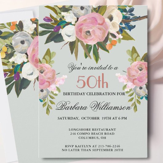 Elegant Handpainted Floral 50th Birthday Party  Einladung