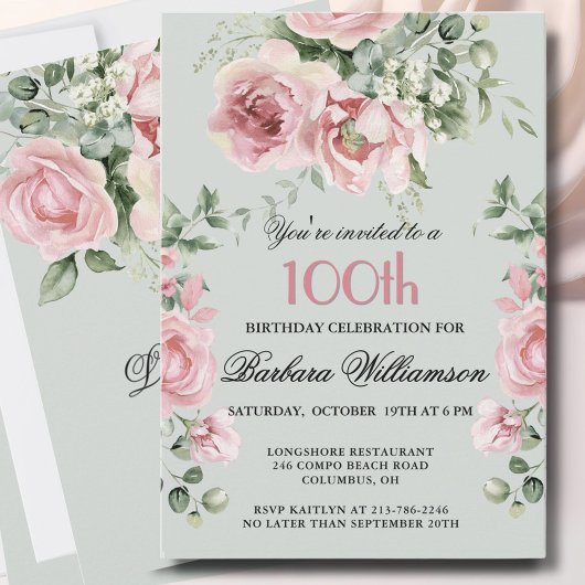 Elegant Handpainted Roses 100th Birthday Party  Einladung