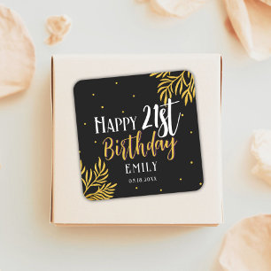 Elegant Happy 21. Geburtstag Gold Foliage Quadratischer Aufkleber