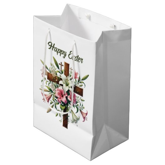 Elegant Happy Easter floral Cross customizable Mittlere Geschenktüte (Vorderseite Schrägansicht)