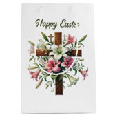 Elegant Happy Easter floral Cross customizable Mittlere Geschenktüte (Vorderseite)