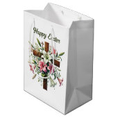 Elegant Happy Easter floral Cross customizable Mittlere Geschenktüte (Rückseite Schrägansicht)