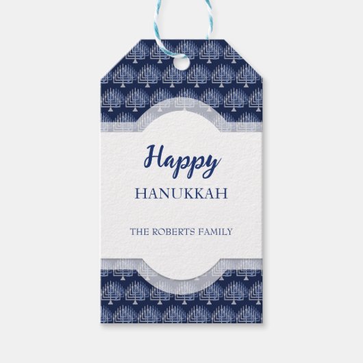 Elegant Happy Hanukkah Menorah Muster Blau Geschenkanhänger (Vorderseite)