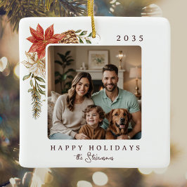 Elegant Happy Holidays Poinsettia Foto Keramikornament