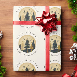 Elegant HAPPY HOLIDAYS Warme Gold Pine Forest Geschenkpapier