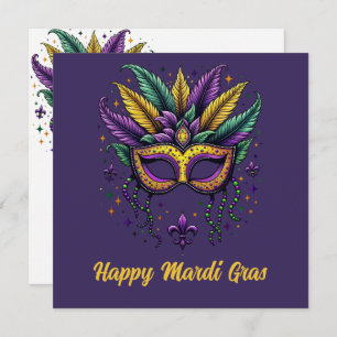 Elegant Happy Mardi Gras Feathered & Mask Feiertagskarte