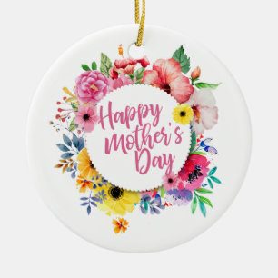 Elegant Happy Mother's Day Floral Wreath Keramik Ornament