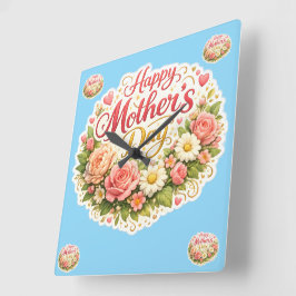 Elegant happy Mother's Day floral wreath Quadratische Wanduhr