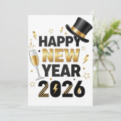 Elegant Happy New Year 2026 Black & Gold Greeting Dankeskarte (Stehend Vorderseite)