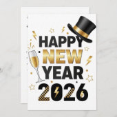Elegant Happy New Year 2026 Black & Gold Greeting Dankeskarte (Vorne/Hinten)