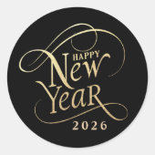 Elegant Happy New Year Black Gold Runder Aufkleber (Vorderseite)