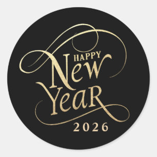Elegant Happy New Year Black Gold Runder Aufkleber