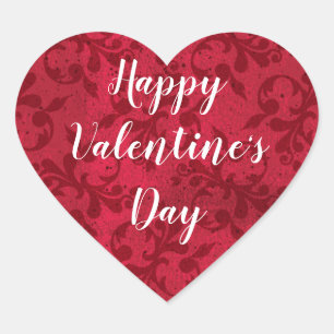Elegant Happy Valentine's Day Vintag Red Damask Herz-Aufkleber