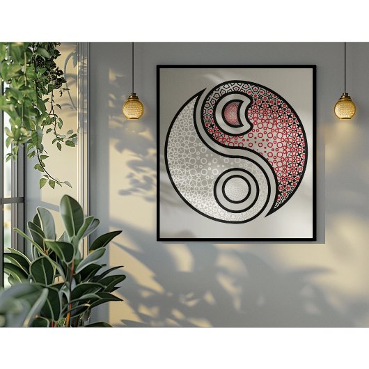 Elegant Harmony - Intricate Red & White Yin Yang Poster
