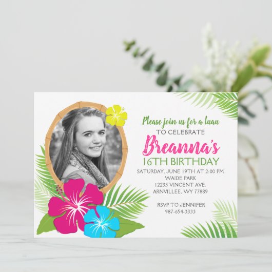 Elegant Hawaiian Luau Birthday Foto Einladung (Stehend Vorderseite)