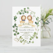 Elegant He or She Greenery Lion Gender Reveal Einladung (Stehend Vorderseite)