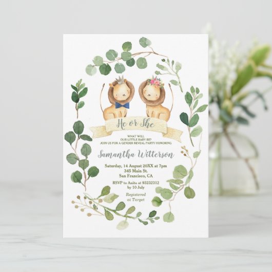 Elegant He or She Greenery Lion Gender Reveal Einladung (Stehend Vorderseite)