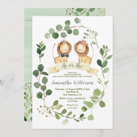 Elegant He or She Greenery Lion Gender Reveal Einladung (Vorne/Hinten)