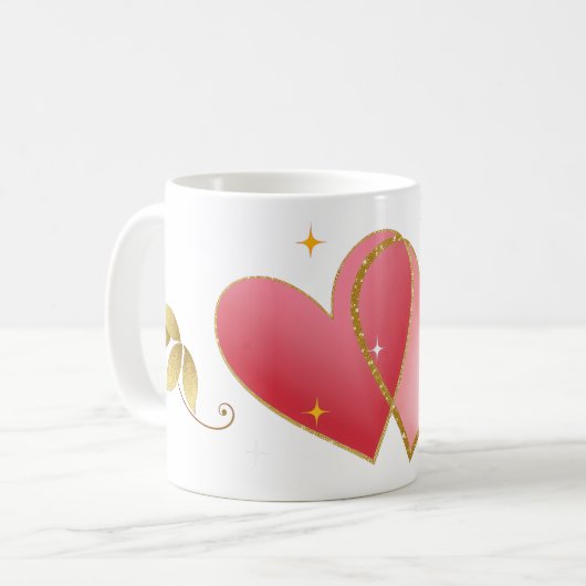 Elegant Heart & Gold Leaf Mug Kaffeetasse (Vorderseite Links)